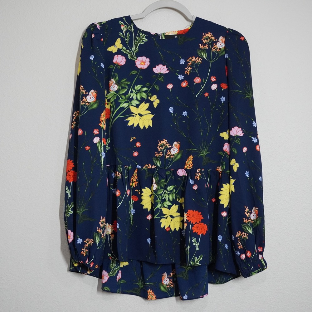 Pomander Place Size Small Shirt Dark Navy Blue Floral Butterfly Peplum Top